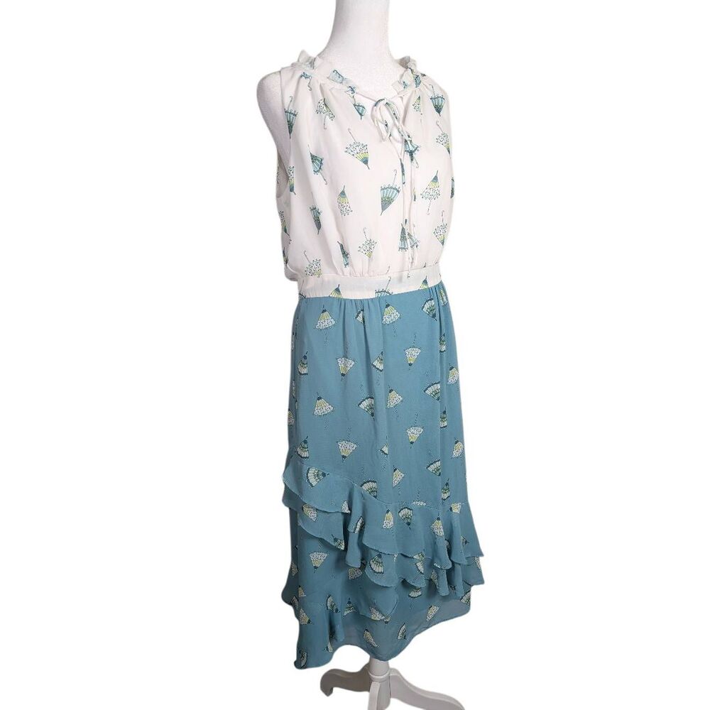 New York & Co. Eva Mendes umbrella teal green and white print dress womens 6